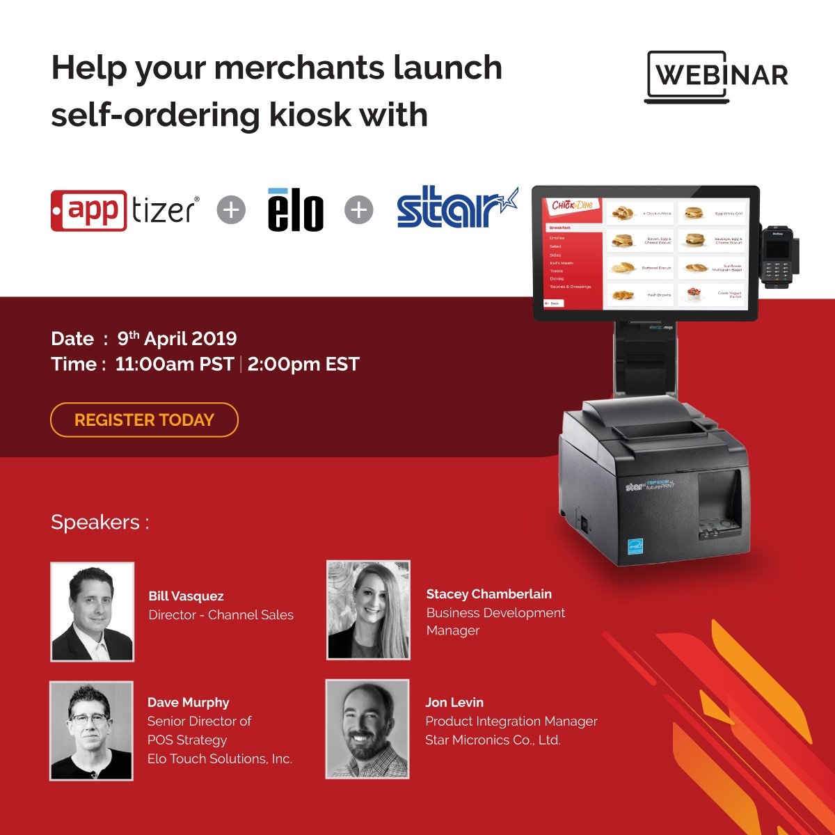 applova_inc's tweet photo. WEBINAR in 11 days!
Discover how @Apptizer_io + @elotouch + @StarMicronics can help your merchants launch the most sophisticated Self-ordering Kiosks!
REGISTER HERE> https://t.co/F604qEa3wI
#EloIsEverywhere #StarMicronics #Apptizer #Kiosks #selfordering #merchants #SMBs https://t.co/cYsebYQL7m