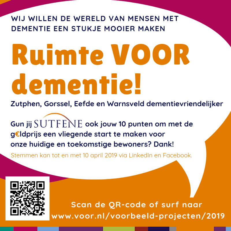 Wij willen de wereld van mensen met #dementie een stukje mooier maken. Stem op het project Ruimte voor dementie van Sutfene in #Zutphen, #Gorssel, #Warnsveld en #Eefde op voor.nl/voorbeeld-proj…  #dementievriendelijker #sutfene #alzheimer