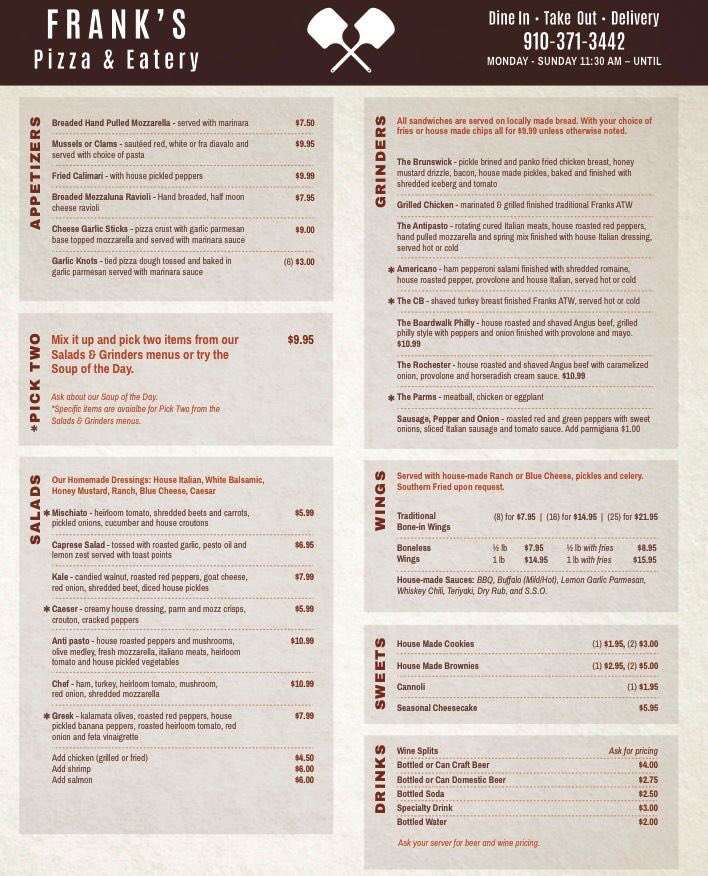 Who else doesn’t feel like cooking at the end of the week?? Order some fantastic Frank’s Pizza, pasta or grinders and the whole family will be happy!