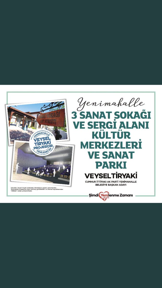 Yenimahallenin kültür ve sanatta örnek bir ilçe haline gelmesi , çocuklarımızın sanat ile kültür ile büyümesi için Veysel Tiryaki diyoruz. <a href="/vysltiryaki/">Dr. Veysel Tiryaki</a> #TiryakiDemekYenilikDemek