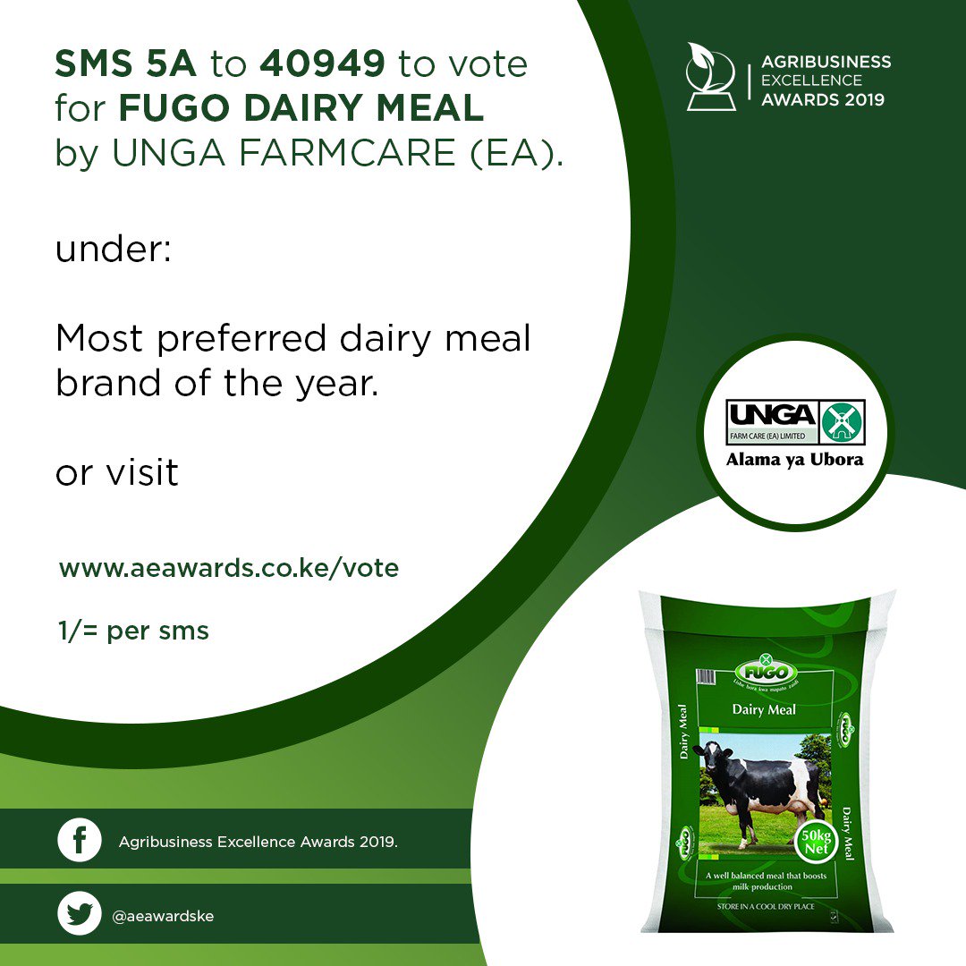 aeawardske's tweet photo. To vote for FUGO DAIRY MEAL by UNGA FARMCARE (EA) as the Most preferred dairy meal brand of the year SMS 5A to 40949 at 1 bob per SMS or vote at https://t.co/giy5cKNLw5 #FarmersUnderSiege #AgribusinessTalk254 #SonkoMilkBankLaunch #RogueJSC #APRMReportLaunch https://t.co/YbxcJby8Tc
