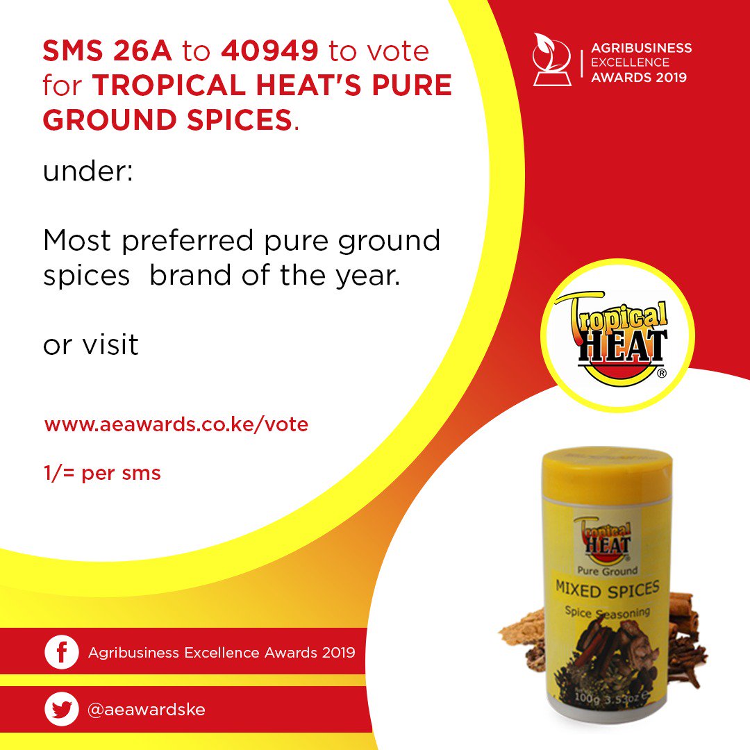 aeawardske's tweet photo. To vote for TROPICAL HEAT'S PURE GROUND SPICES as the Most preferred pure ground spices brand of the year SMS 26A to 40949 at 1 bob per SMS or vote at https://t.co/giy5cKNLw5 #FarmersUnderSiege #AgribusinessTalk254 #SonkoMilkBankLaunch #RogueJSC #APRMReportLaunch https://t.co/uLFWnG8OvV
