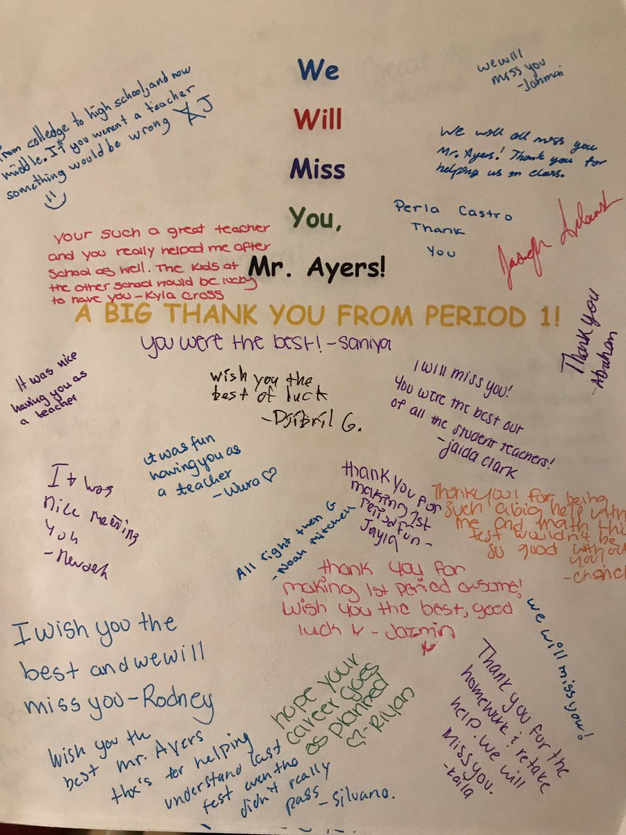 EvanAyers7's tweet photo. With Spring Break starting today, I took some time to reflect on how lucky I am to teach young people. I’ve already lost track of number of times I looked back at the notes my high schoolers wrote me on my last day. I can’t wait to hang these up by my desk in my future classroom! https://t.co/DI9cuJUJrJ