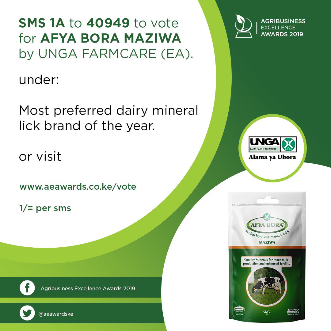 aeawardske's tweet photo. To vote for AFYA BORA MAZIWA by UNGA FARMCARE (EA) as the Most preferred dairy mineral lick brand of the year SMS 1A to 40949 at 1 bob per SMS or vote at https://t.co/giy5cKNLw5 #FarmersUnderSiege #AgribusinessTalk254 #SonkoMilkBankLaunch #RogueJSC #APRMReportLaunch https://t.co/qgKudNP4tC