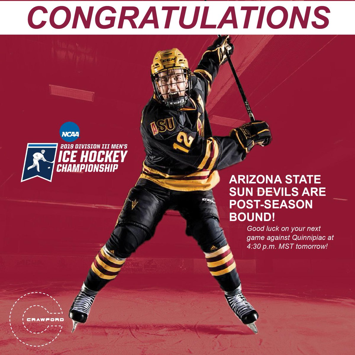 CRAWFORD_ARCH's tweet photo. Congratulations to @SunDevilHockey and good luck tomorrow! #SunDevilGrit #NCAAHockey #ForksUps #History #Believe https://t.co/GjyEVmE81e