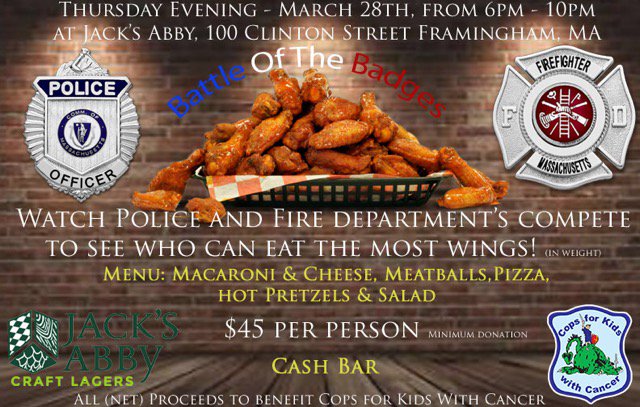 Please join Cops for Kids With Cancer for this fundraiser tonight, at Jack's Abby, 100 Clinton St in Framingham. Looks like a fun night with some great food and for a great cause.