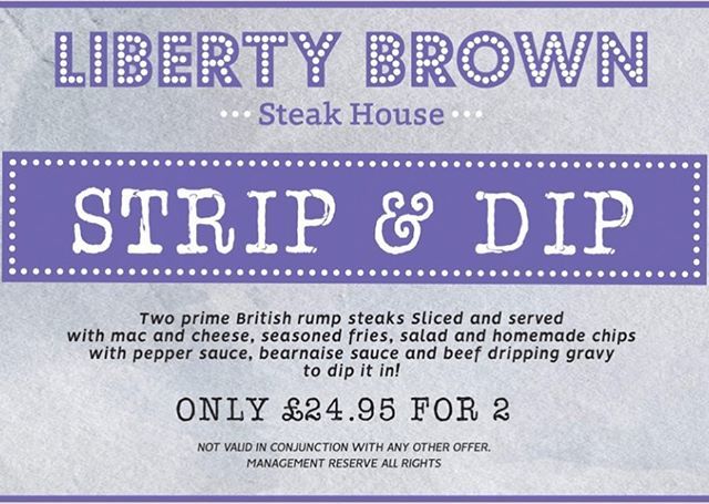 🏝🚨PALM SPECIAL OFFERS 🚨🏝 Liberty Brown 🍽
Strip &amp; Dip
2 Rump Steaks, seasoned fries, mac n cheese, salad and homemade chips with peppercorn sauce, bearnise sauce and beef dripping gravy to dip it in. 🥩🍟🧀 only £24.95 for 2 people!

To book please g… ift.tt/2CK0Gns