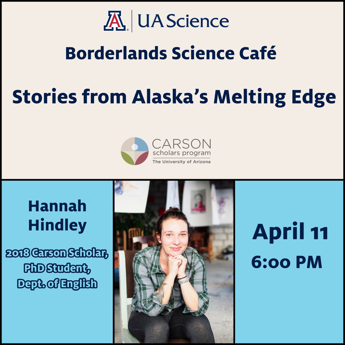 uarizonacarson's tweet image. What is it like for the Alaskan glacier communities on the forefront of climate change?@UACarsonScholar &amp;amp; @ArizonaMFA grad Hannah Hindley @hannah_the_bold will share her experience connecting with the people and landscape undergoing rapid change, April 11th, 6pm @borderlandsbrew