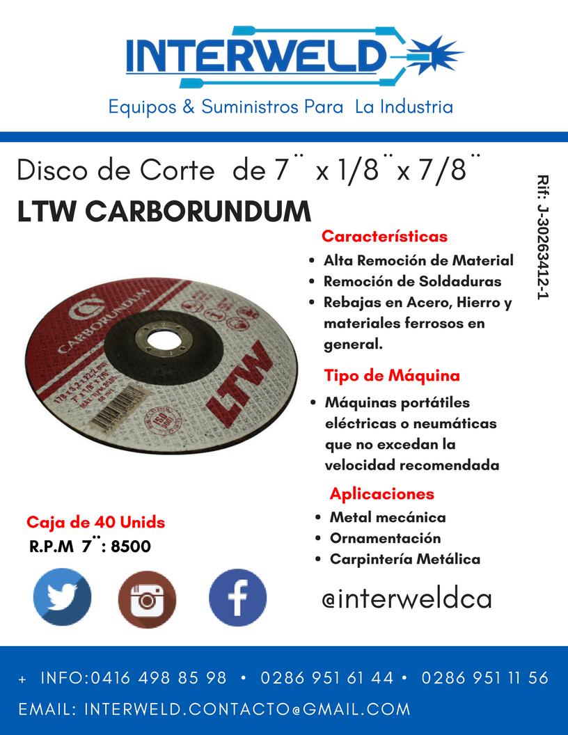 Buen día! ⚠️ Disponible Disco de Corte de 7¨ Carborundum A/C Serie LTW Presentación en 📦 Caja de 40 Unids

📲+ Info 0416 498 85 98 | 0286 951 11 56

📧 Email: interweld.contacto@gmail.com

👨‍🏭 Somos Interweld, C.A Equipos &amp; Suministros para la Industria.

Contáctenos!