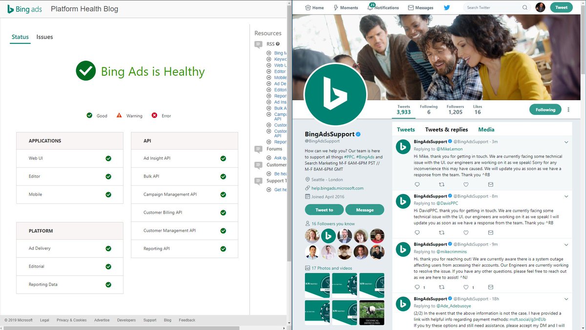 PPCBossman's tweet photo. Hey @BingAdsSupport are we healthy or not?  ¯\_(ツ)_/¯ https://t.co/aTXKtUppxU