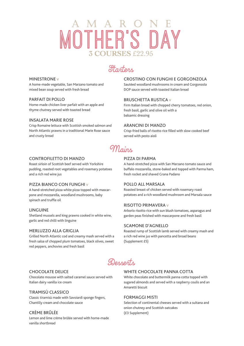 AmaroneDRG's tweet photo. With #MothersDay just around the corner, we have a few tables still available, so book now to treat your mum, or the mums in your life, to a special 3 course meal at Amarone for £22.95.

https://t.co/Xpp78toCKD  
#Glasgow: 0141 333 1122 | #Edinburgh: 0131 523 1171 https://t.co/YpAtz6wbdL