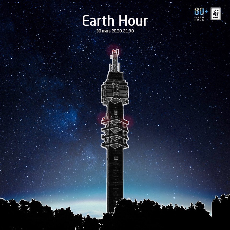 sak_chef's tweet photo. Imorgon släcker vi ner belysningen på Kaknästornet för att uppmärksamma Earth Hour. Nedsläckningen varar en timme, men vårt hållbarhetsarbete fortsätter även när lamporna tänts. https://t.co/YCHkkikDdk https://t.co/pUmhD7CLgA