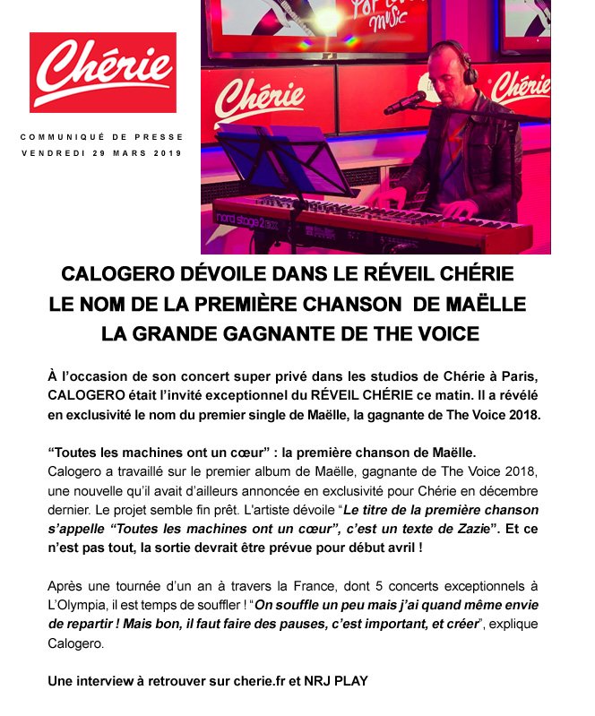 NRJGroupPresse's tweet image. .@CalogeroOff dévoile dans le #RéveilChérie sur @radiocheriefm le nom de la première chanson de #Maëlle, la grande gagnante de The Voice