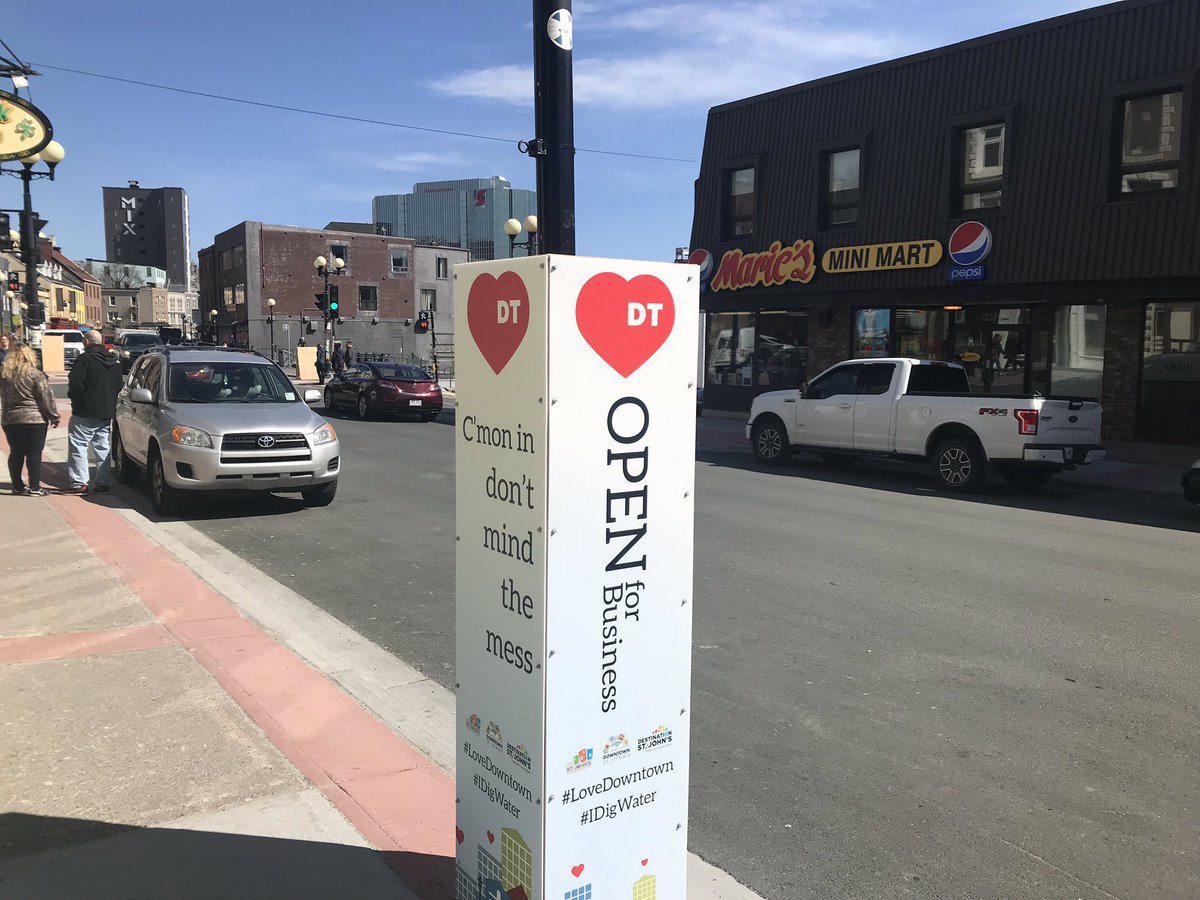 DowntownStJohns's tweet photo. The Water Street Project starts on Mon. April 1 until June 30 - Bishop's Cove to Ayre's Cove. @DowntownStJohns Businesses are OPEN. Pedestrian &amp; vehicle access will be maintained. Stay tuned to our social media for a contest TBA for those who support and #LoveDowntown #IDigWater https://t.co/RPQj4LvK6o