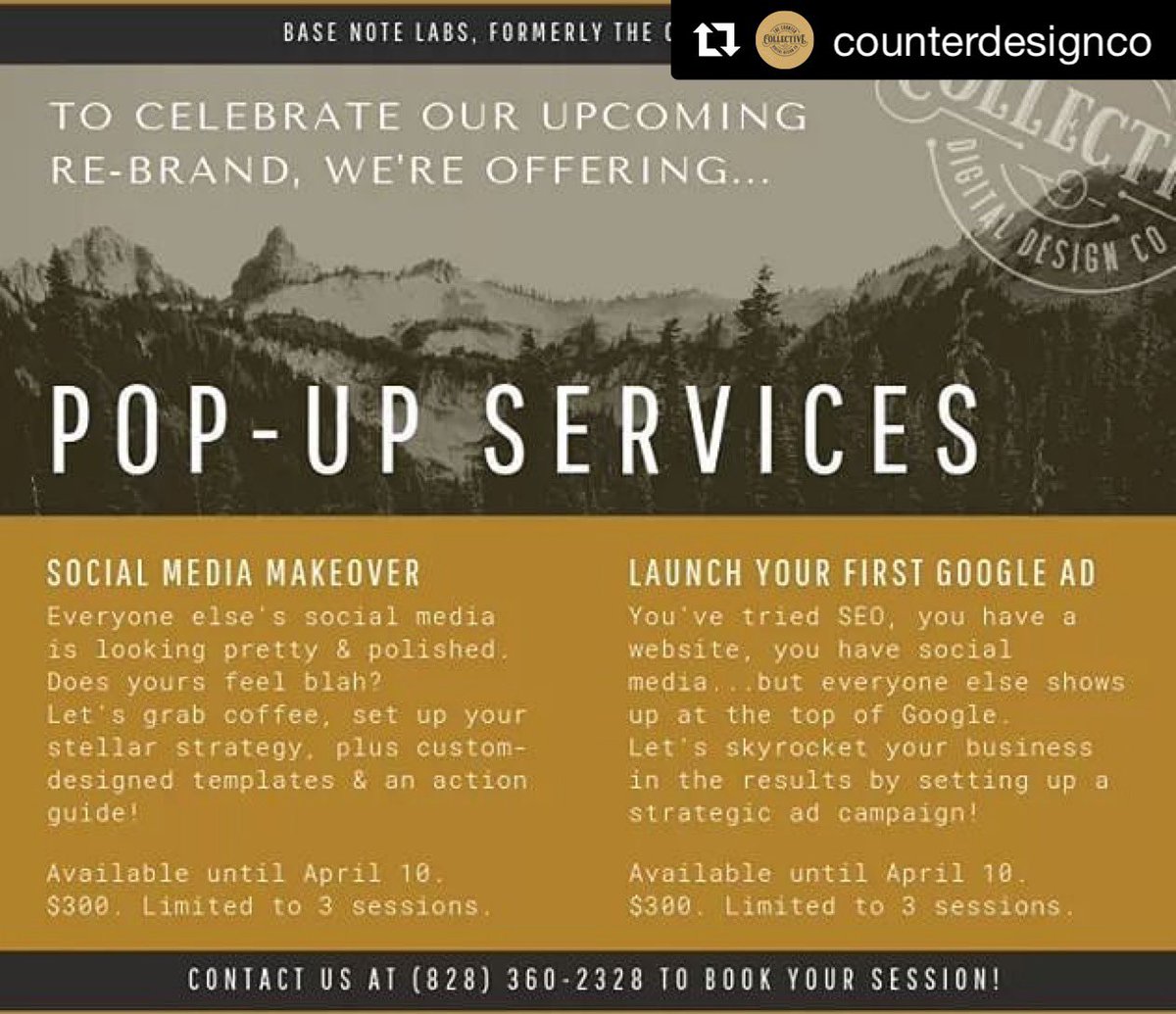 ncwelcomecenter's tweet photo. 🎉 “pop-up" service email
hello@thecountercollective.com
Booking through April 🔟.
#popupservice #limitedtimeoffer #socialmediamarketing #socialmediamakeover #launchyourfirstgooglead #googleadstrategy #digitalmarketing #nowbooking #marketingconsultant #wncbusinesses https://t.co/CujipYgfME