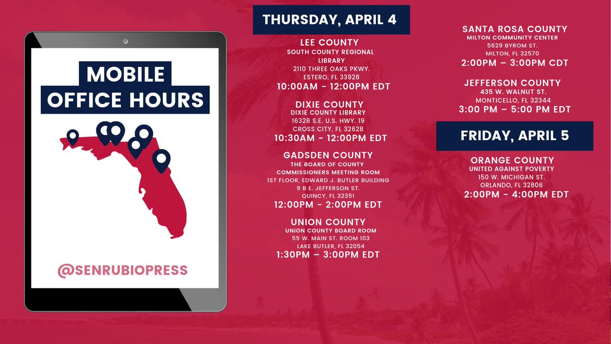 SenMarcoRubio's tweet photo. Next week, my staff will host #MobileOfficeHours to assist you with federal casework issues.

Find a location near you --> https://t.co/rWRscq54dI https://t.co/slbmjTSJyM