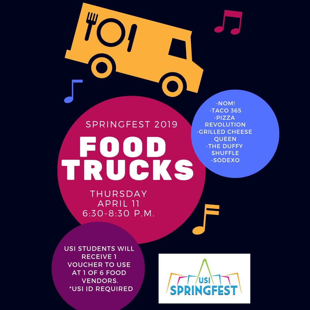 USI_SpringFest's tweet image. Getting excited for Springfest yet? Here’s some of our bigger events happening! Music and food! What could be better? &amp;amp; don’t forget there will be free giveaways at each event!