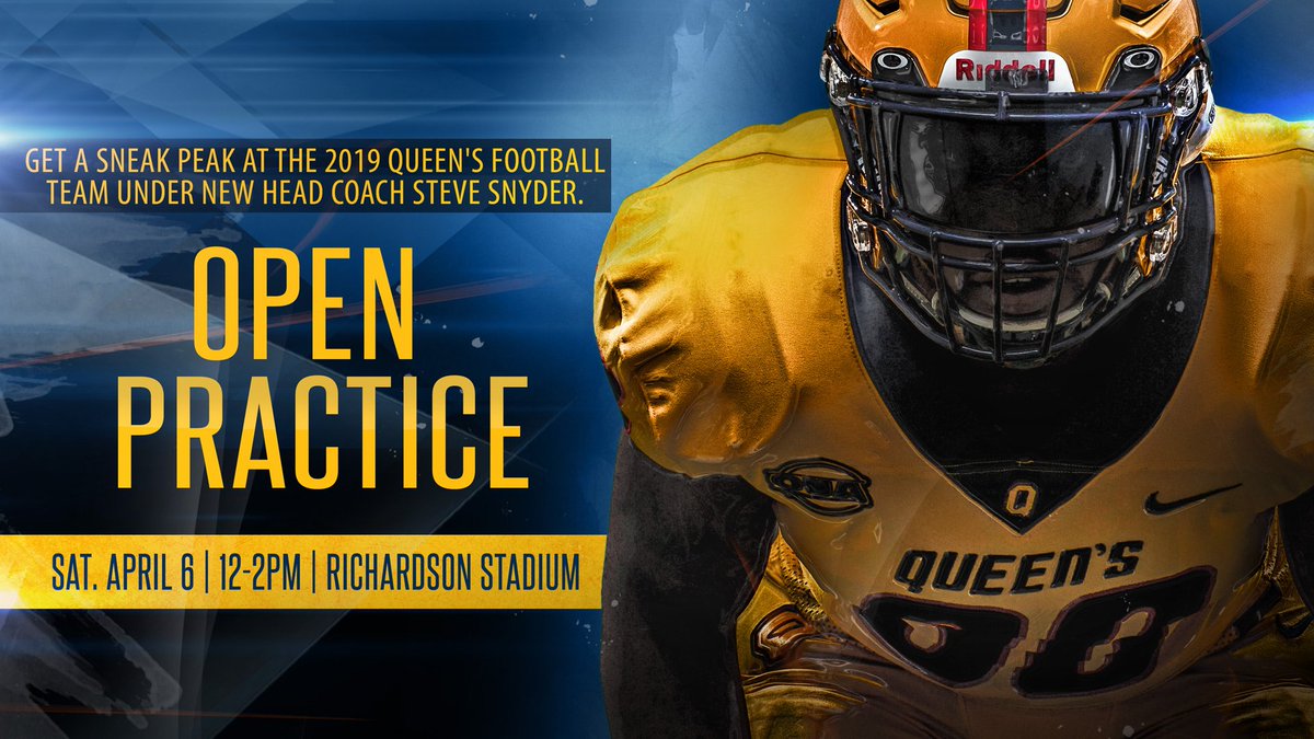 Queens_Football's tweet photo. The snow has melted and the sun is out!! Join us on Sat. April 6 as we host an open practice at Richardson Stadium! Get a sneak peak at the 2019 Queen's Football team under new HC @SteveSnyderQ #leadtheway @queensu @TIMFL17 @JrGaelsFootball @KASSAASports @YGKevents @CKWS_Sports https://t.co/TbPQcxAp68