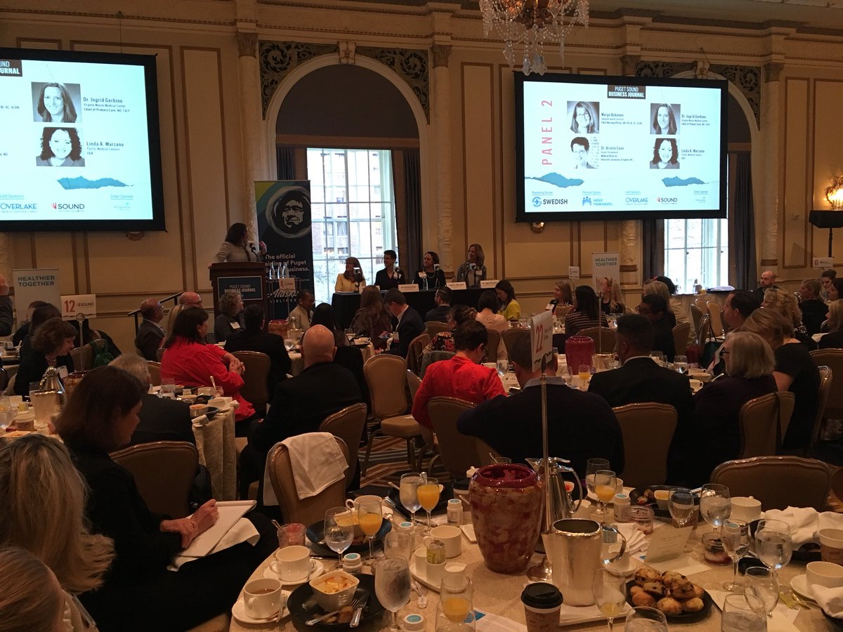 ProvSwedish's tweet photo. The Fairmont Olympic Hotel Spanish Ballroom is packed to the walls, and everyone is here to hear what Swedish Chief Nursing Officer Margo Bykonen and these leaders have to say about the future of healthcare. #psbjhealth https://t.co/ORYbg0Qohj