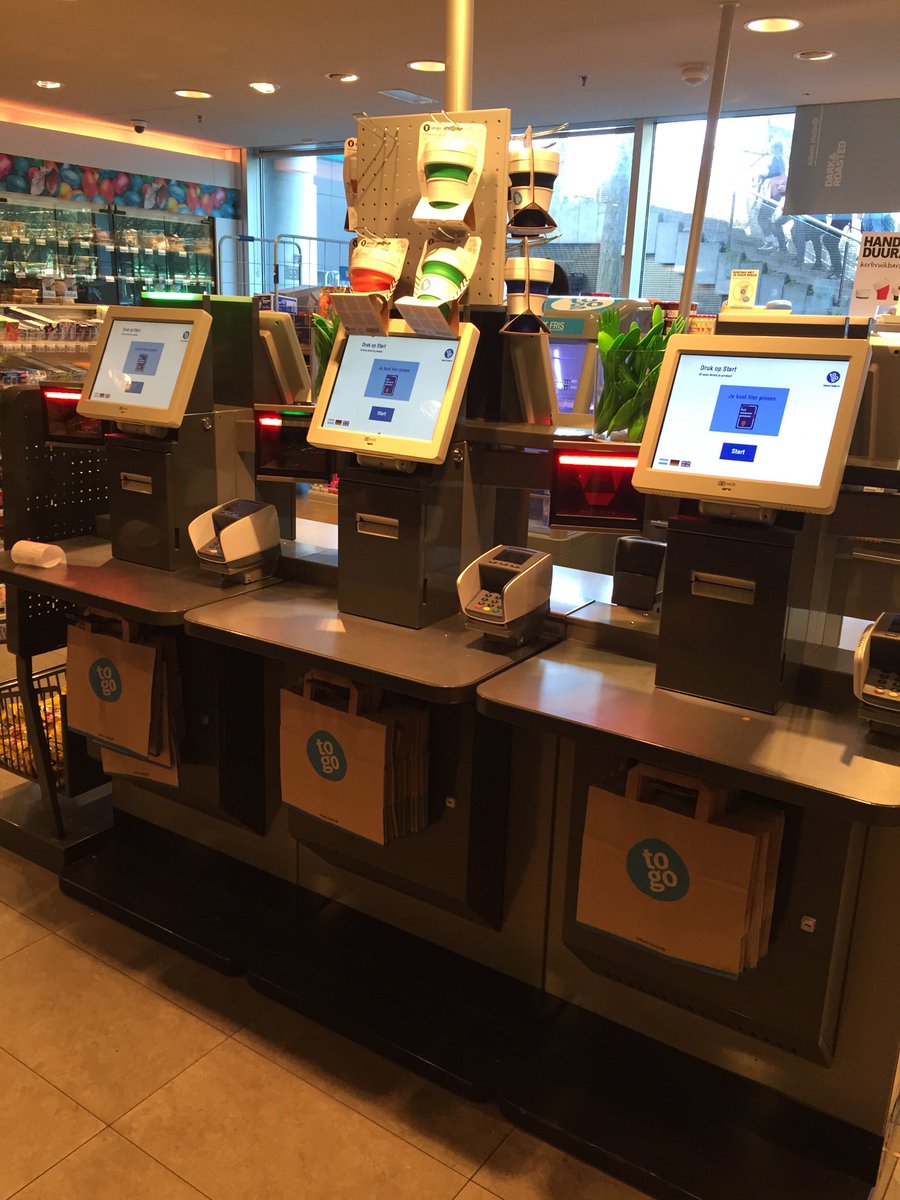 Natalie_Berg's tweet photo. In Amsterdam for the day and really surprised by the lack of manned tills. Granted @albertheijn has been an early mover. Prospect of Amazon Go coming to Europe will only accelerate the #frictionlessretail trend. https://t.co/7lM6khrQNl