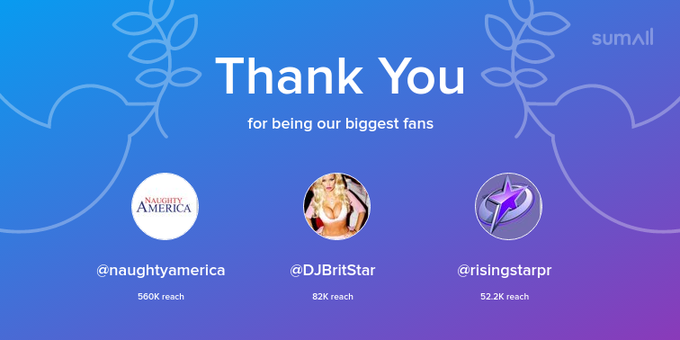 Our biggest fans this week: @naughtyamerica, @DJBritStar, @risingstarpr. Thank you! via https://t.co/Ic1sEYJmO8<a class="tags" href="/tag/naughtyamerica">@naughtyamerica</a><a class="tags" href="/tag/djbritstar">@djbritstar</a>