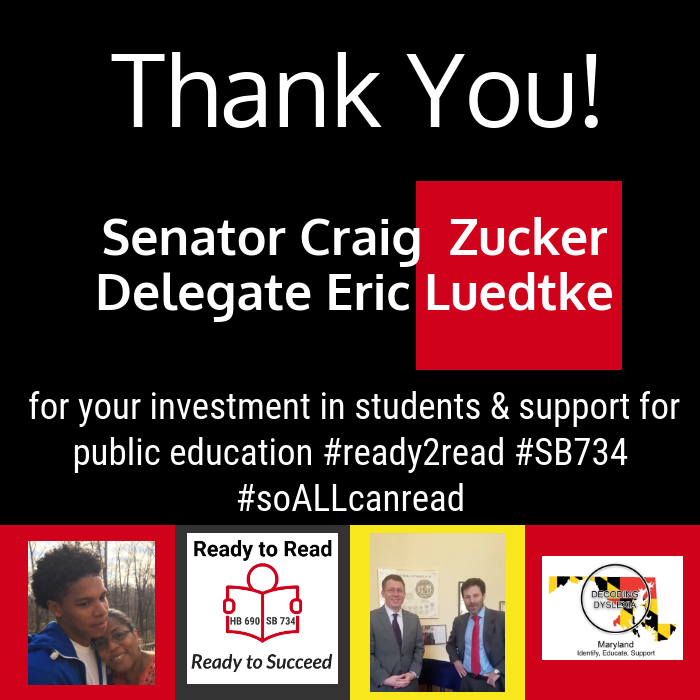 dyslexiasomd's tweet photo. Please thank @EricLuedtke &amp; @SenatorZucker for their work on the Ready to Read bill, SB 734.  It still has a few legislative boxes to check, but will require, in school year 2020-2021, that all K students be screened for reading difficulties #soALLcanread https://t.co/Upz6MTvbiI