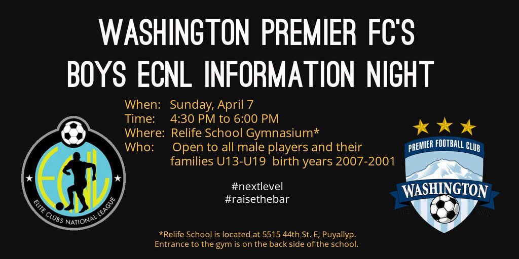 WAPremier's tweet photo. Important date alert 🚨‼️For all interested players currently at WPFC and in the South Sound there will be an information night on this exciting new ⁦@BoysECNL⁩ opportunity! Come find out more on April 7th. Go Premier! #nextlevel #raisethebar #getbetter https://t.co/nofoSxyIWm