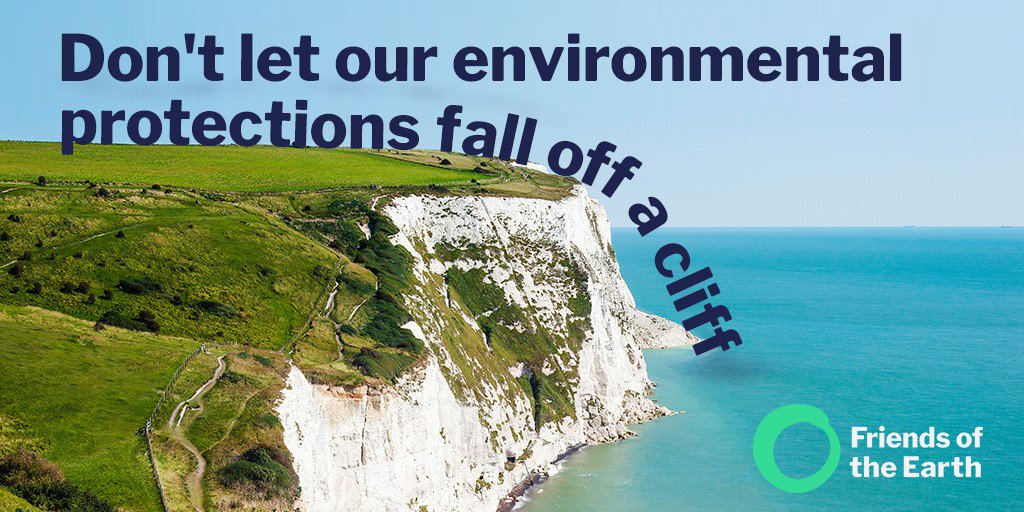 White cliffs with text "Don't let our environmental protections fall off a cliff."