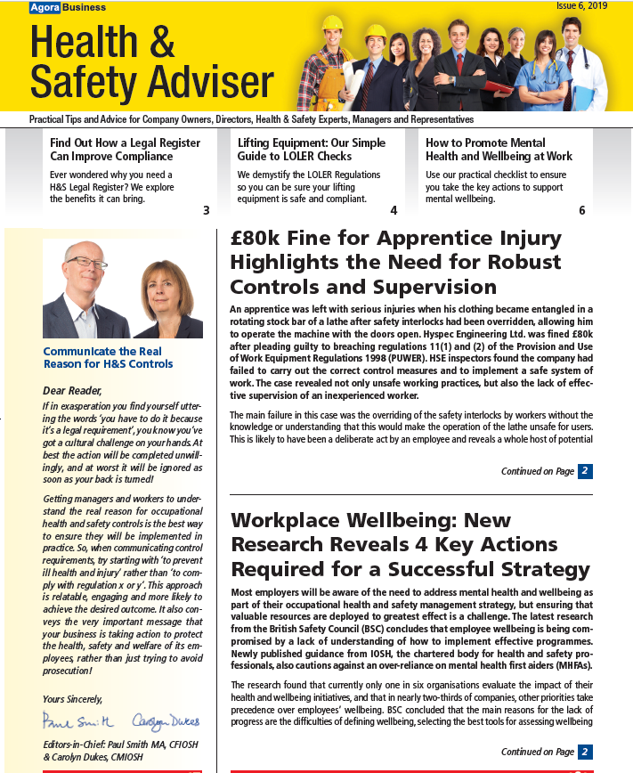 Here are some of the health and safety topics we cover in April's publication:
• How to develop a health and safety legal register
• The key elements of an effective workplace wellbeing strategy
• A guide to essential LOLER examinations

safety-adviser.co.uk/subscribe/?c=tw