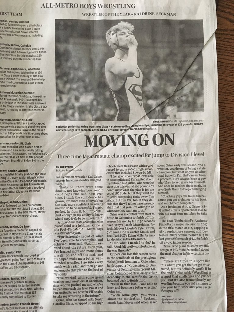 Congrats <a href="/kaiorine/">Francisco Isaiah Kailani Orine</a> for being named the <a href="/STLhssports/">STLhighschoolsports</a> All-Metro Boys Wrester of the year. Great job! Good luck <a href="/NCState/">NC State University</a> next year!