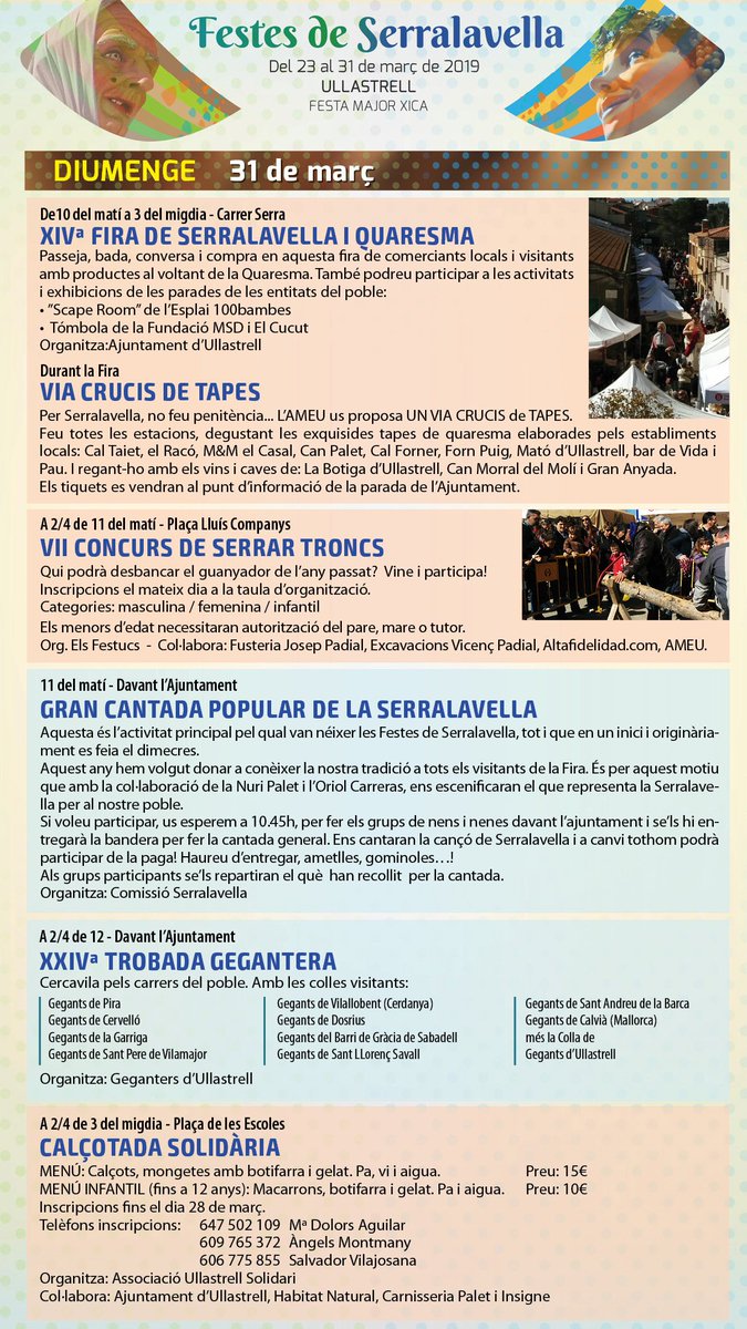 Bon dia! Preparats per un diumenge  ben intens?💪
- De 10 a 15h: XVI Fira de #Serralavella
- Durant la Fira: Via crucis de tapes
- Desde 10:30: VII Concurs de Serrar troncs
- 11: Gran Cantada Popular de Serralavella
- 11:30: Trobada gegantera
- 14:30: Calçotada solidaria