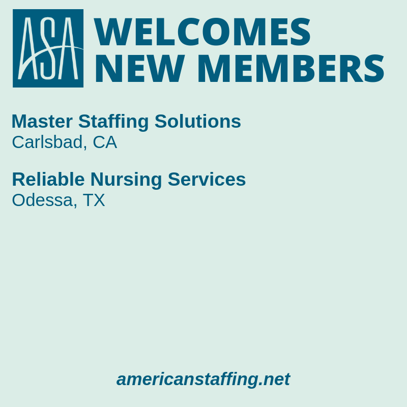 StaffingTweets's tweet photo. Welcome! Please let us know if you have questions about how to best take advantage of your new ASA membership: Master Staffing Solutions & Reliable Nursing Services https://t.co/idLH97hpVh #MyASA #Staffing https://t.co/XbqqYyvOBp