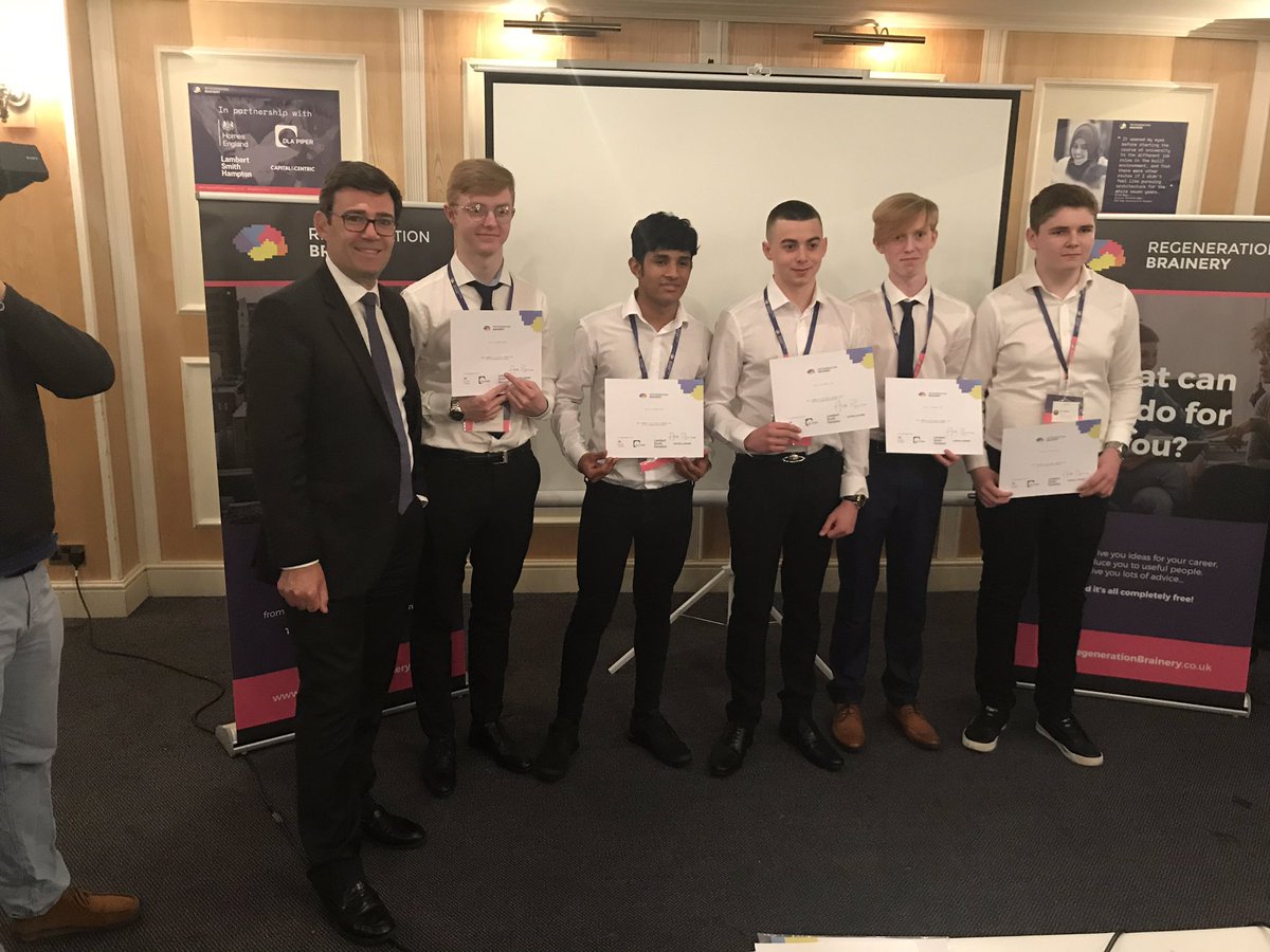 ClassofYourOwn's tweet photo. And the @RegenBrainery #Brainee winning project is the ‘Fire Station Gardens’, #Housing Scheme - an extraordinary community project for #SalfordCrescent. A super-impressed @AndyBurnhamGM joins the team members from @SABSalford and @crontoncoll https://t.co/t2hkKOweD7
