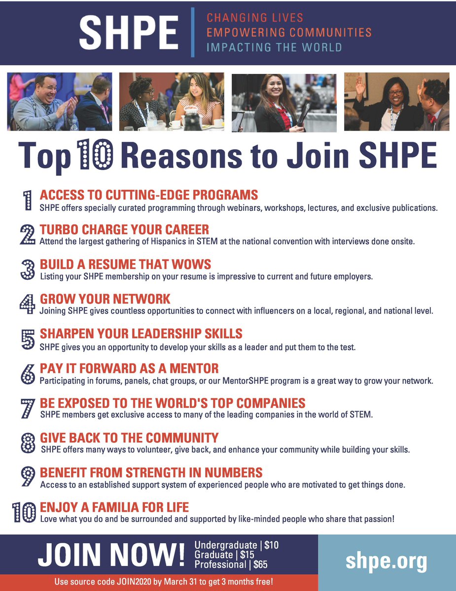 SHPEDFW's tweet image. Need a reason to join @SHPE? We have 10! Plus, if you join by March 31, you’ll get 15 months for the price of one year. Use source code JOIN2020 at checkout: shpeconnect.org #SHPEFamilia #HispanicsinSTEM #SHPEDFW #SHPE #SHPERegion5