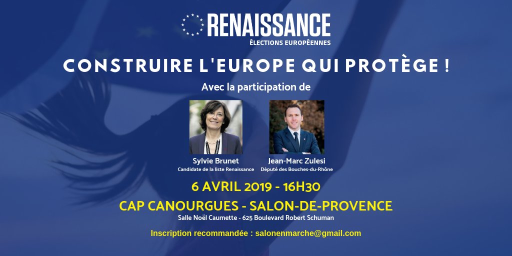 SalonEnMarche's tweet photo. .@Enmarche13 organise, samedi 6/04, à 16h30, un meeting de campagne de la liste @Renaissance_UE à #SalondeProvence !

Avec @syl_brunet, @jmzulesi, @b_masfraissinet et nos partenaires @agir_officiel, @MoDem, Radicaux et @LesJAM_13 sur le thème "Construire l'#Europe qui protège !" https://t.co/FbsqrEWjzj