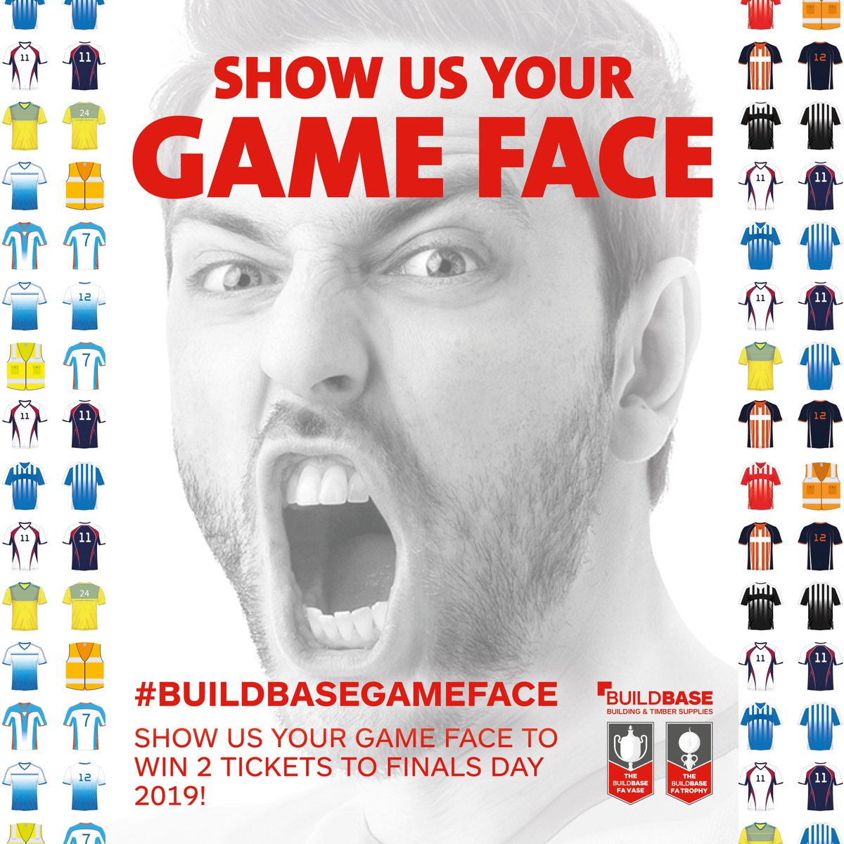 BuildbaseUK's tweet photo. Win 2 tickets to #NonLeagueFinalsDay! Share your #BuildbaseGameface in your non-league shirt, hat, scarf or anything #nonleague!๐ T&Cs apply. Competition closes 16.4.19 #NonLeague #FATrophy @TonyIncenzo https://t.co/CHC4H6ag8h