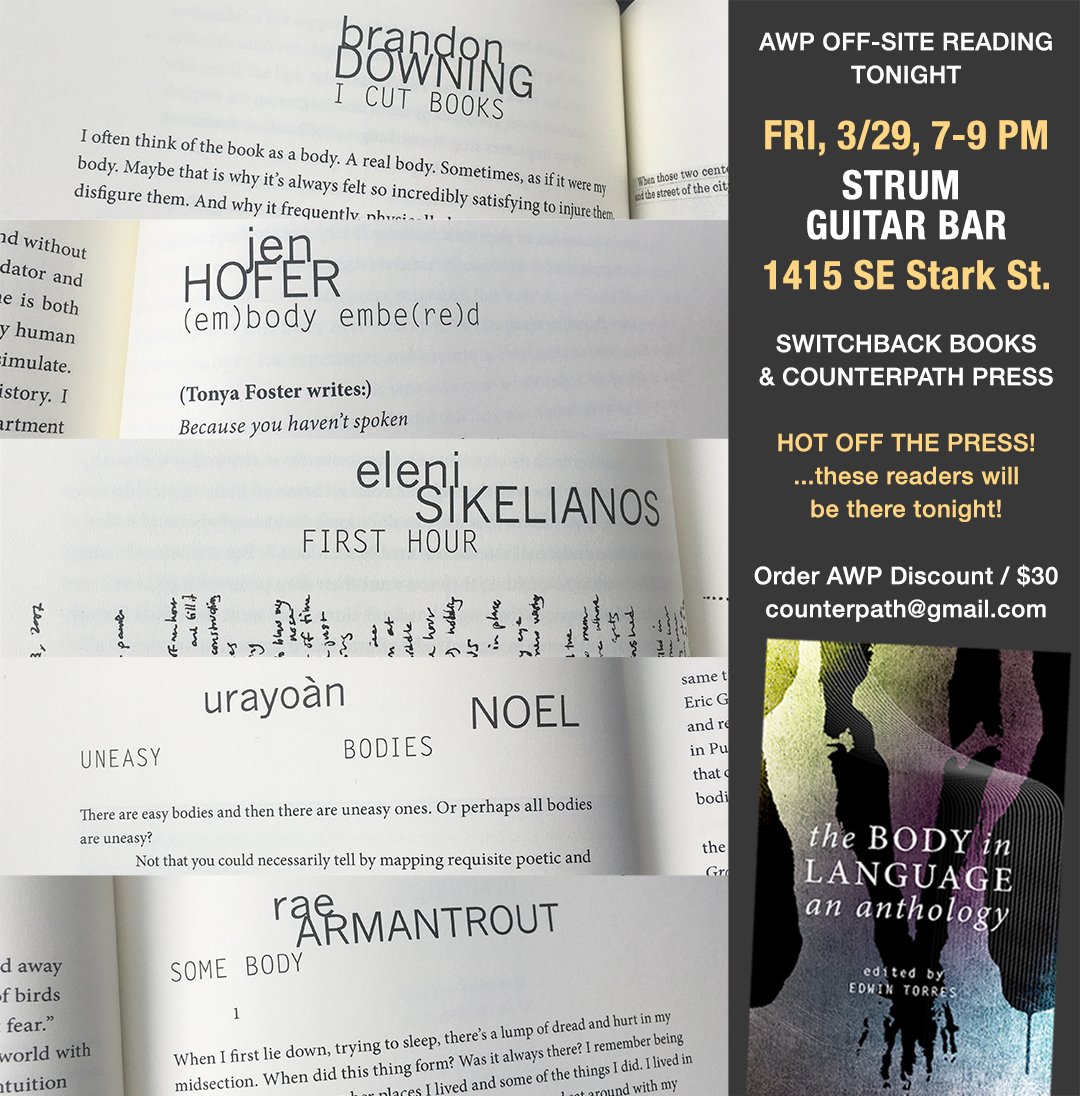 #thebodyinlanguage is here! Reading AWP-offsite tonight, 3/29. <a href="/CpPress/">Counterpath</a> <a href="/urayoannoel/">Urayoán Noel</a> <a href="/brandondowning/">Brandon Downing</a>  <a href="/awpwriter/">AWP</a> @awp19 counterpathpress.org/the-body-in-la…