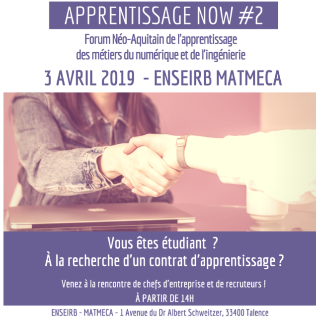 MagneticBrdx's tweet photo. Rdv pour #ApprentissageNow 2, le forum Néo Aquitain de l'apprentissage dans les métiers du #numérique &amp; de l'#ingénierie 🚀
📣 "Matinale de rencontres pro de 9h à 12h30" &amp; "Rencontres Candidats/Recruteurs de 14h à 16h30"
📅 le 3 avril
📍@ENSEIRBMATMECA 
#MagneticBordeaux #BxEco https://t.co/qy1cWdHoP8