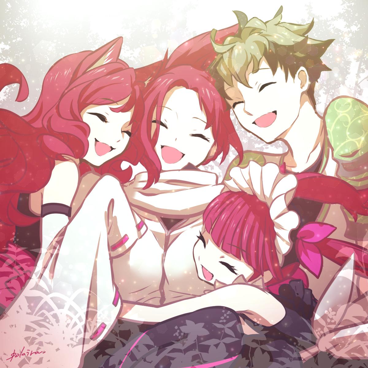 multiple girls red hair closed eyes open mouth group hug smile animal ears  illustration images