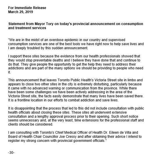 JohnTory's tweet photo. We are in the midst of an overdose epidemic in our country and supervised consumption services are one of the best tools we have right now to help save lives and I am deeply troubled by this sudden provincial announcement on consumption &amp; treatment services. Full statement here: https://t.co/zNlZx6vga9