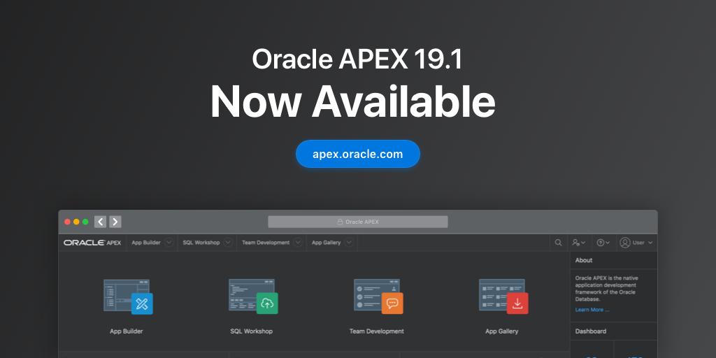 MikeHichwa's tweet photo. #ORCLAPEX 19.1 is here and includes REST enabled forms, drag and drop xlsx data loading, JET 6.1 charts, a refined Universal Theme, and a dark mode for development and many more improvements.  Visit https://t.co/LUCds1VUgI and see what all the buzz is about; enjoy. https://t.co/l7j4lwxLh2