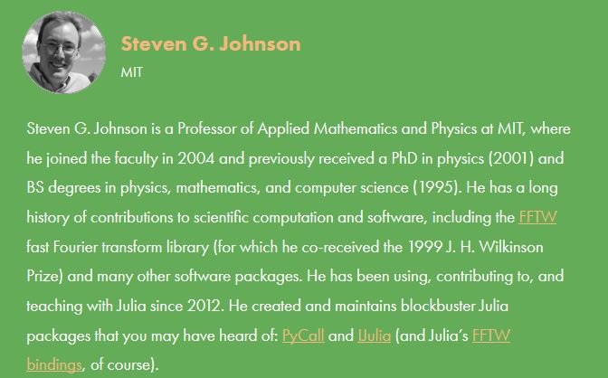 JuliaConOrg's tweet image. The JuliaCon Committee is delighted to announce Prof. Steven Johnson (MIT) as a Keynote Speaker at JuliaCon 2019 
JuliaCon 2019 will take place in Baltimore on Mon 22nd to Sat 26th July
#Julialang #DataScience