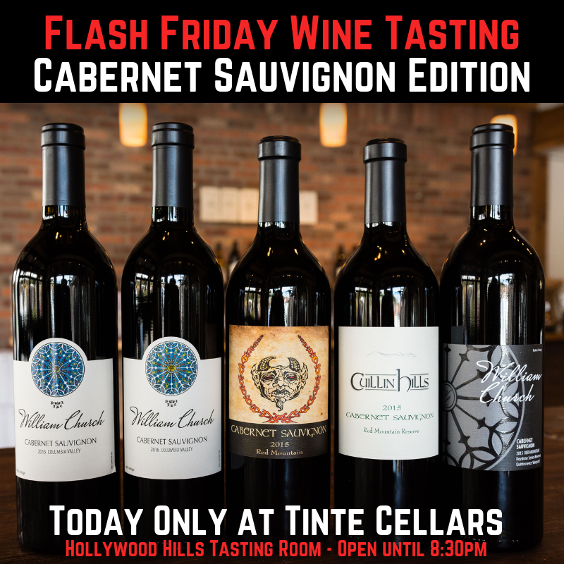 WmChurchWinery's tweet photo. FLASH FRIDAY Wine Tasting. Stop by our Tinte Cellars Hollywood Hills tasting room today and taste (side-by-side) our 5 incredible Cabernet Sauvignon wines. Open until 8:30.
#seattle #winelovers #woodinville #cabernetsauvignon #flashtasting https://t.co/fPwRjzpu28