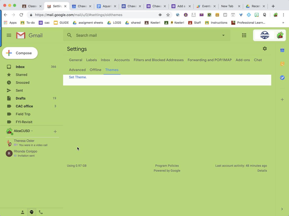 alicekeeler's tweet photo. I made my school email Green so I can stop accidentally sending emails to principal/parents from my personal email. Go to settings in @gmail and choose a theme. https://t.co/ADwwdQmwH9  #googleEDU