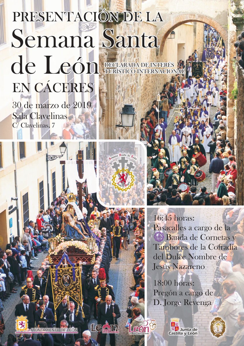 Presentación Semana Santa de León en Cáceres. <a href="/SSantaLeon/">Semana Santa León 2025</a>
📅Sábado 30 de marzo
⏰18:00h
📌Sala Clavellinas
🎺16:45 Pasacalles - Intervendrá la Banda de Cornetas y Tambores de la Cofradía del Dulce Nombre de Jesús Nazareno <a href="/jhsleon/">Cofradía del Dulce Nombre de Jesús Nazareno</a>