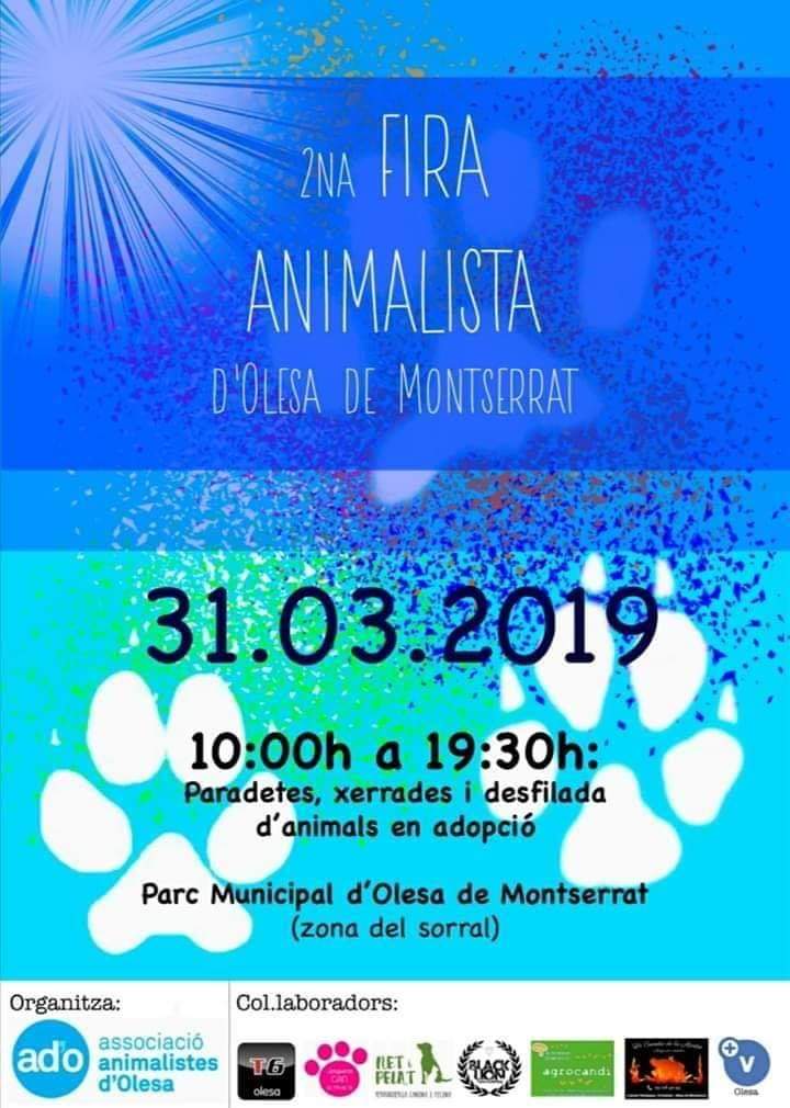 RECORDATORI: Aquest Diumenge 31, 2a Fira Animalista organitzada per l'Associació Animalista #Olesa. En el decurs de la jornada hi haurà nombroses activitats dedicades a les mascotes i els acompanyants. A partir de les 10h del matí, al Parc Municipal (a la zona del sorral).