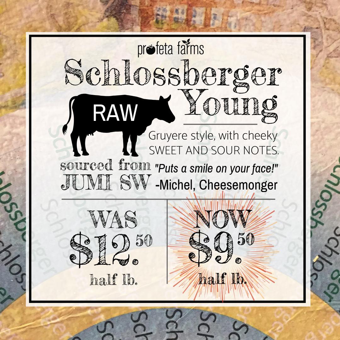 ProfetaFarms's tweet photo. We've got a great promotion going on for this Gruyere style cheese that you won't want to miss! Stop in and visit our cheesemonger Michel for a sample of our Schlossberger Young.  It'll be sure to put a smile on your face! https://t.co/f0mfcPo04H