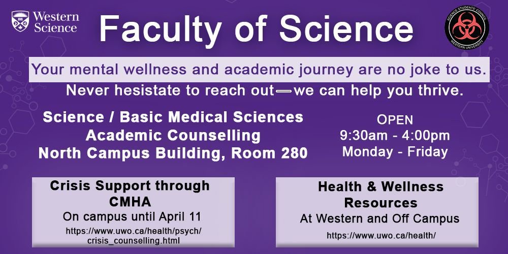 A message from the Dean of Science, Matt Davison: "Final exam time can be stressful. Mental and physical wellness are no joke to the Faculty of Science. We are here to help, so reach out if you need assistance. Best of luck on your exams."   <a href="/westernssc/">WesternU Sci Council</a>  @WellnessWestern #WeCare