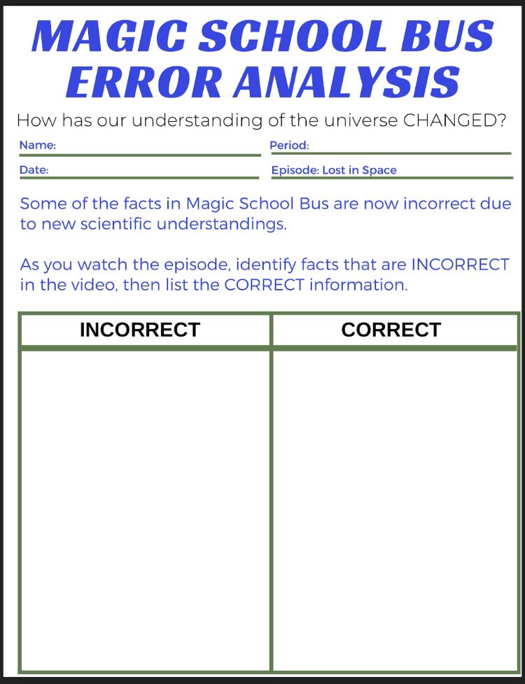 MrsBPaul's tweet photo. How to keep student interest the day before spring break: Magic School Bus Gets Lost in Space - Error Analysis! Fun video + addressing the standard of how scientific ideas change with new information! @AMMSLions #lionscience https://t.co/rGvEUl8gQW