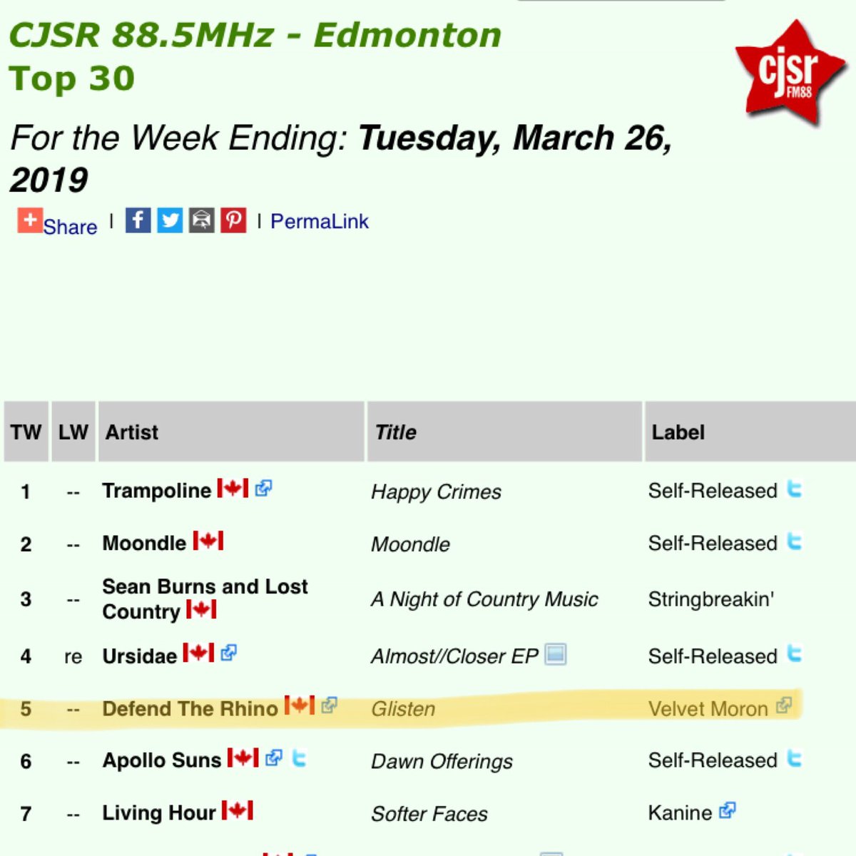 “Glisten” is at #5 this week on the <a href="/CJSR/">CJSR 88.5 FM</a> charts, album drops on April 12th through <a href="/velvetmoronrec/">Velvet Moron Records</a>